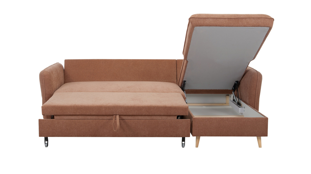 Canap d'angle convertible rversible avec coffre 3-4 places en tissu effet velours terracotta et bois clair DRISS