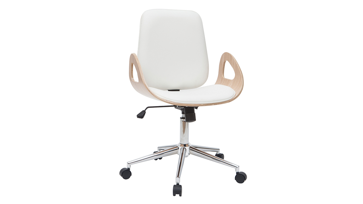 Chaise de bureau  roulettes design blanc, bois clair et acier chrom GLORY