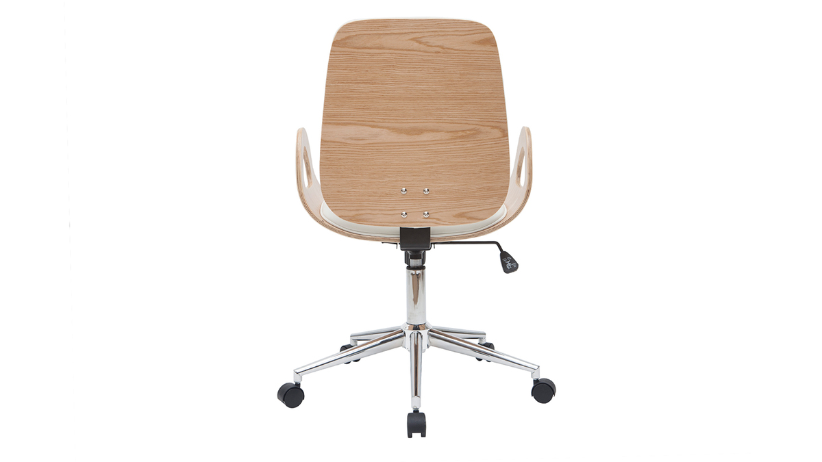Chaise de bureau  roulettes design blanc, bois clair et acier chrom GLORY