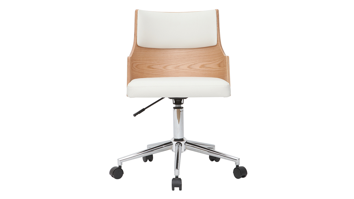 Chaise de bureau  roulettes design blanc, bois clair et acier chrom MAYOL