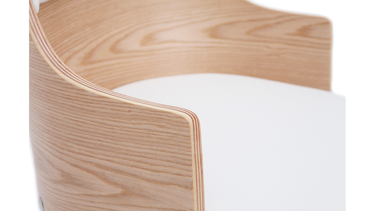 Chaise de bureau  roulettes design blanc, bois clair et acier chrom MAYOL