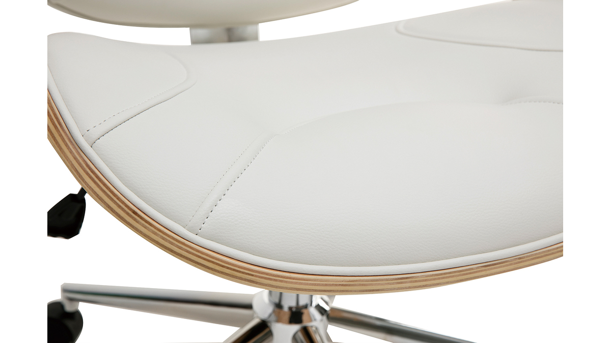 Chaise de bureau  roulettes design blanc, bois clair et acier chrom YORKE