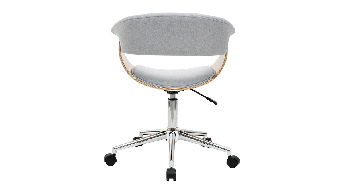 Chaise de bureau  roulettes design en tissu gris clair, bois clair et acier chrom OKTAV