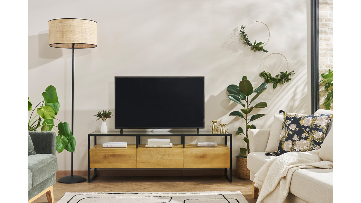 Meuble TV rectangulaire avec rangements en bois manguier massif, verre et mtal noir L150 cm DIYA