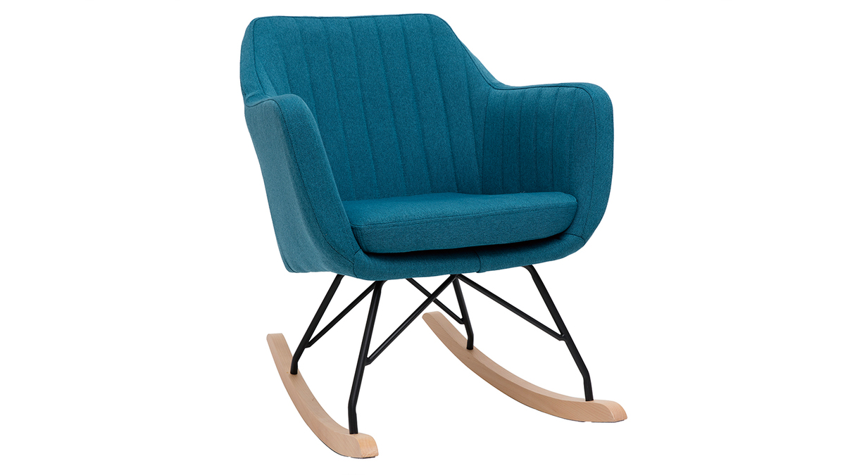 Rocking chair scandinave en tissu bleu canard, mtal noir et bois clair ALEYNA