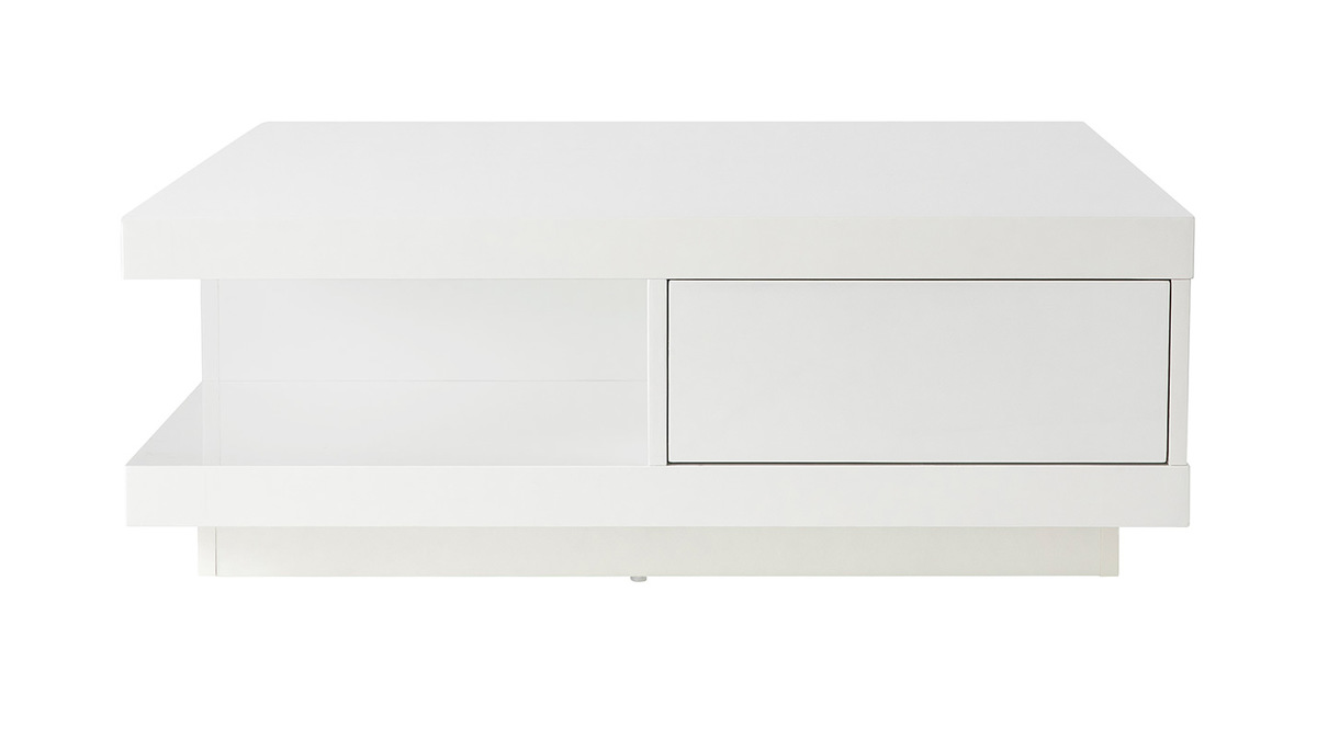 Table basse carre avec rangements 2 tiroirs design blanc laque L85 cm KARY
