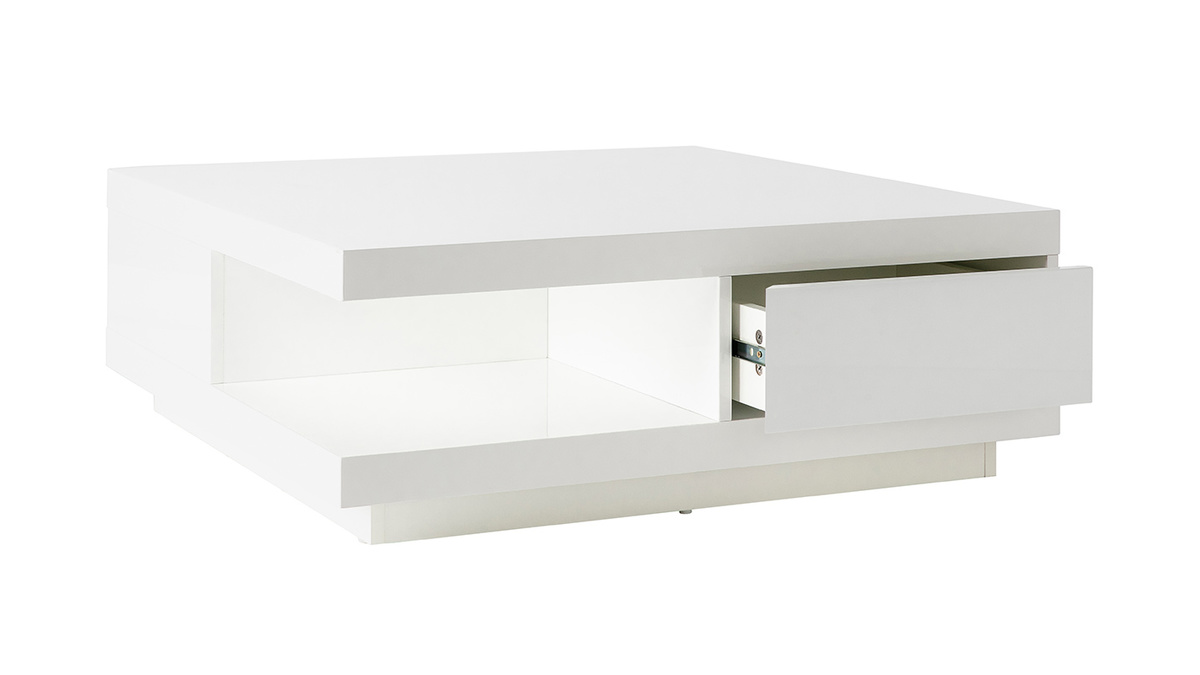 Table basse carre avec rangements 2 tiroirs design blanc laque L85 cm KARY