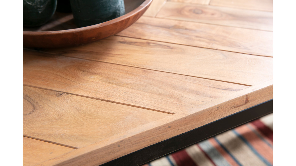 Table basse rectangulaire  motifs chevrons en bois massif et mtal noir L120 cm STICK