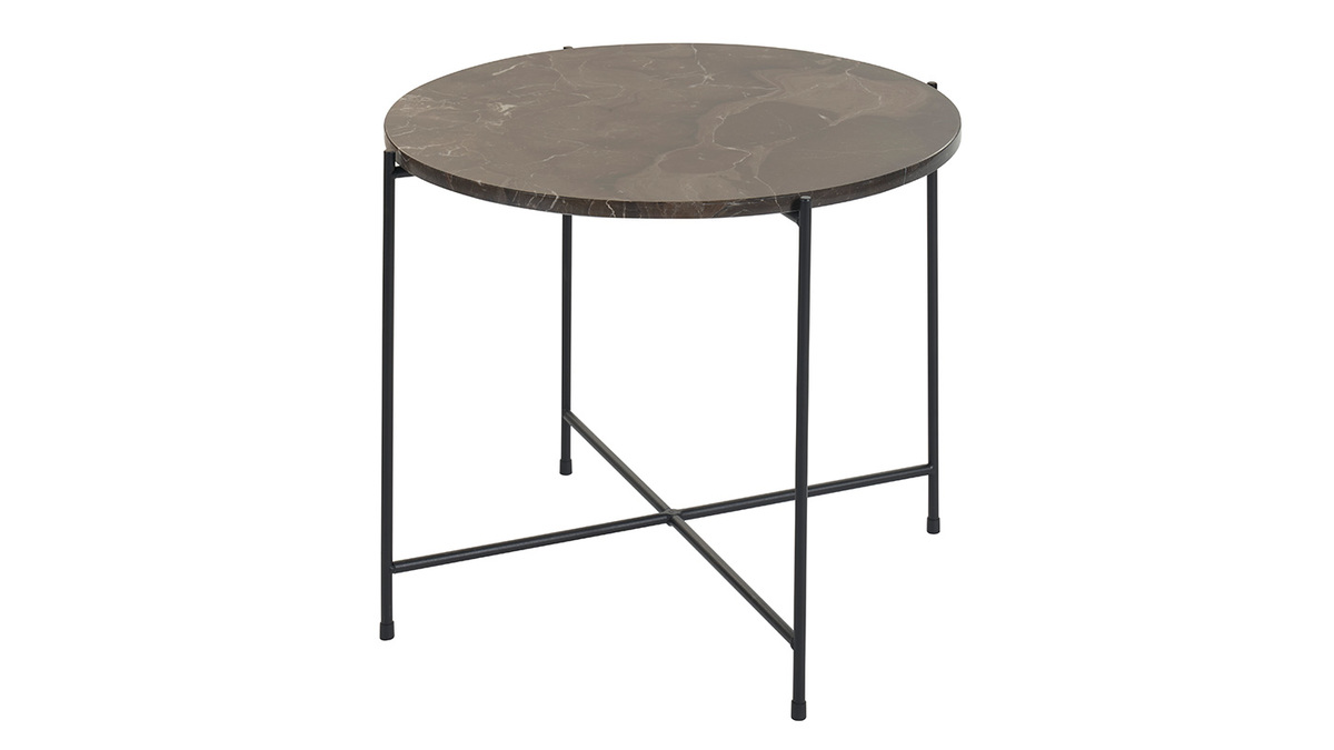 Table basse ronde design en marbre marron et mtal noir D52 cm SARDA