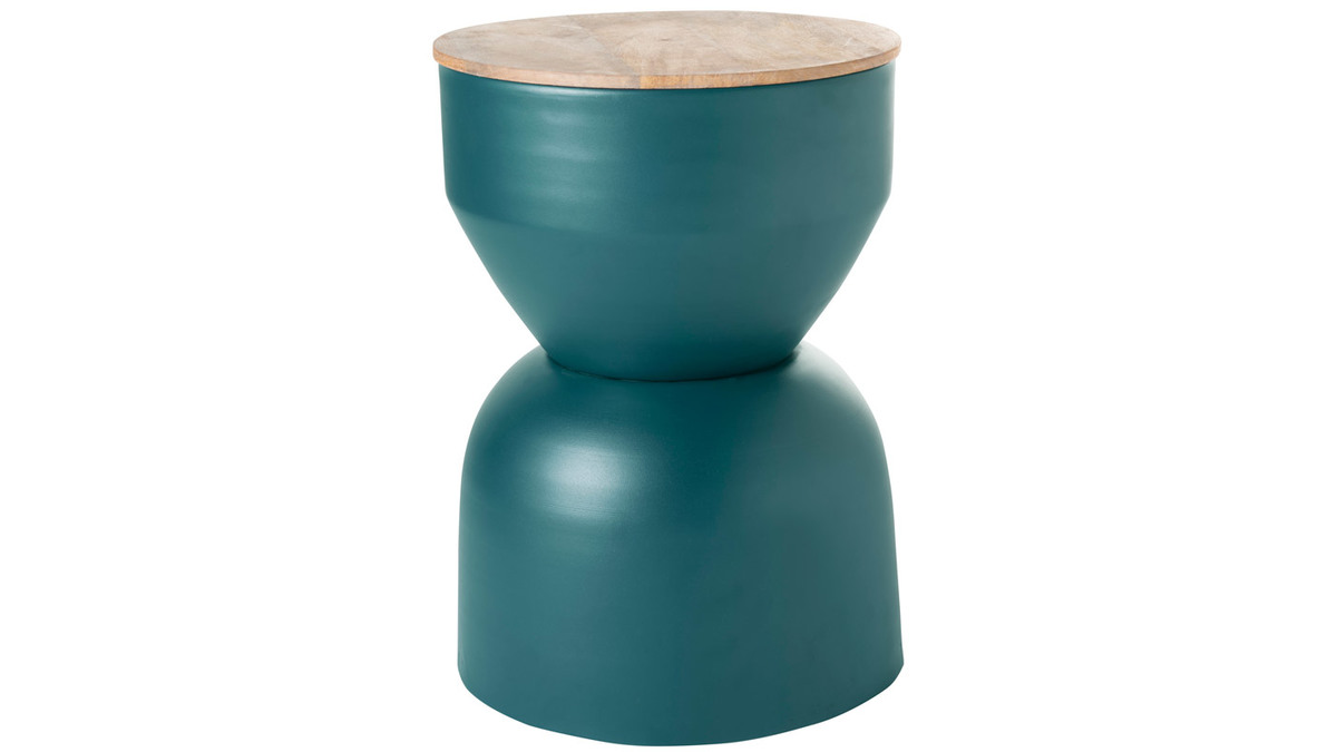 Table d'appoint ronde design avec rangement en mtal bleu canard et bois manguier massif D30 cm YOYO