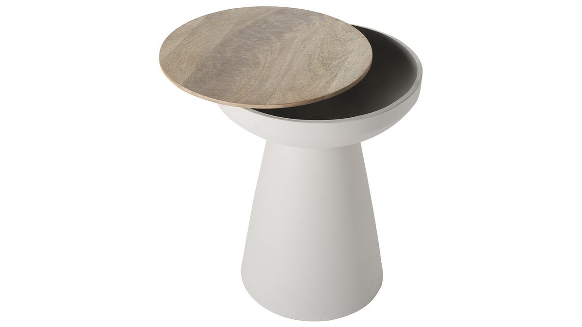 Table d'appoint ronde design avec rangement en mtal grge et bois manguier massif H52 cm TAM
