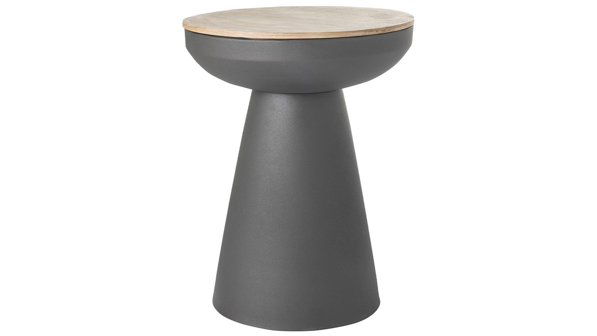 Table d'appoint ronde design avec rangement en mtal gris anthracite et bois manguier massif H52 cm TAM