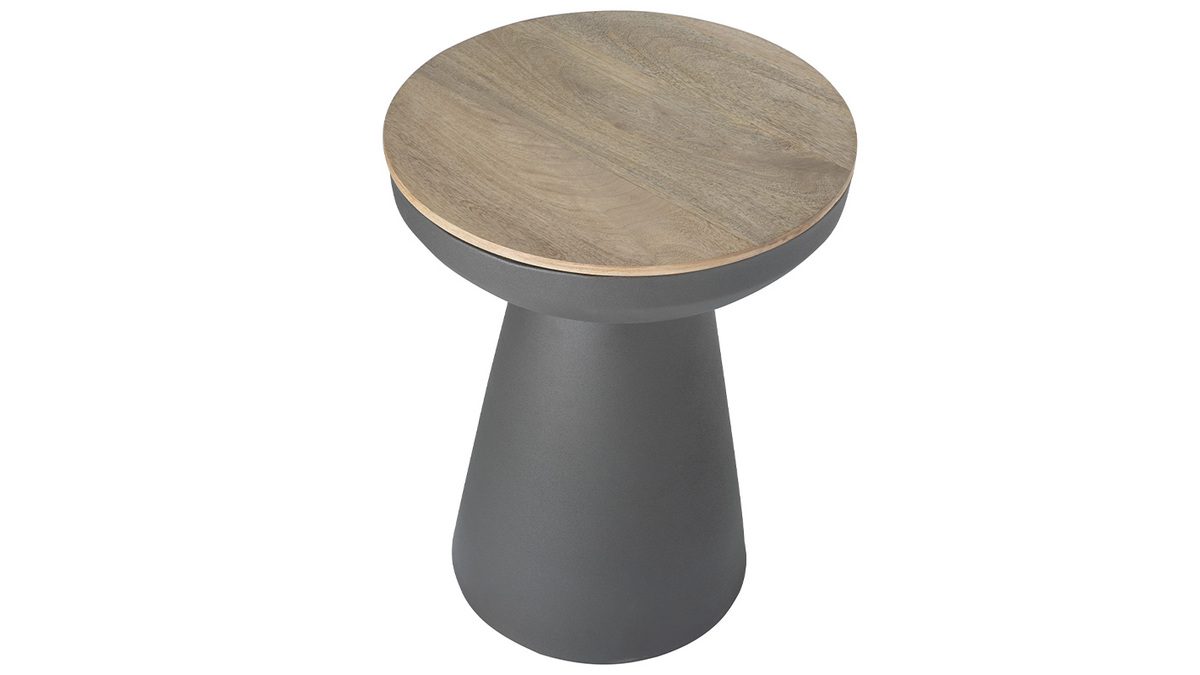 Table d'appoint ronde design avec rangement en mtal gris anthracite et bois manguier massif H52 cm TAM