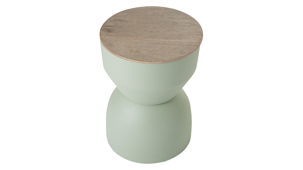 Table d'appoint ronde design avec rangement en mtal vert cladon et bois manguier massif D30 cm YOYO