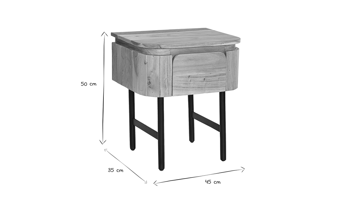 Table de chevet en bois massif et mtal noir avec tiroir L45 cm NAPOLI