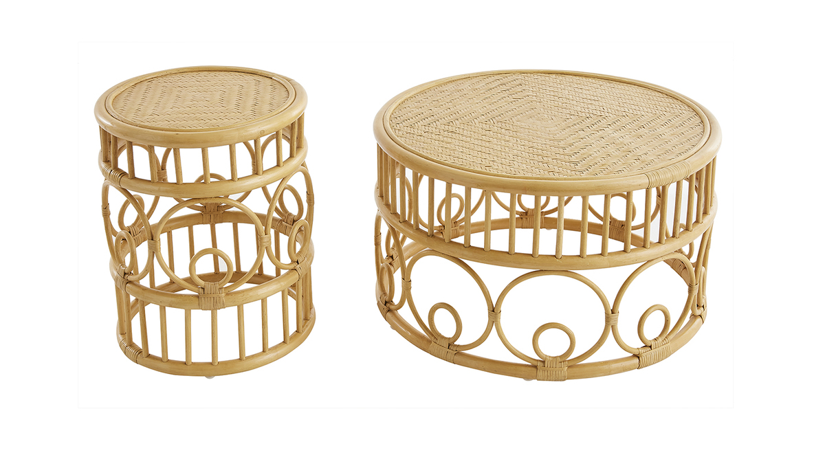 Tables basses rondes en rotin et bambou D70 cm et D40 cm (lot de 2) SORAYA