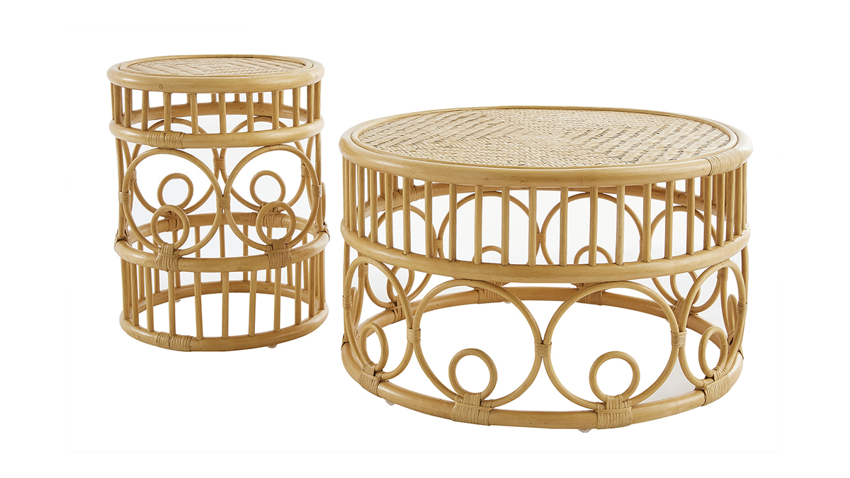 Tables basses rondes en rotin et bambou D70 cm et D40 cm (lot de 2) SORAYA