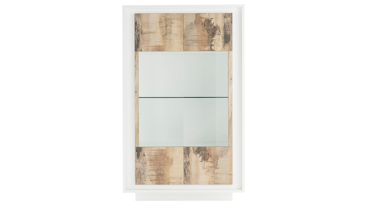 Buffet vitr design blanc et dcor bois clair LAND