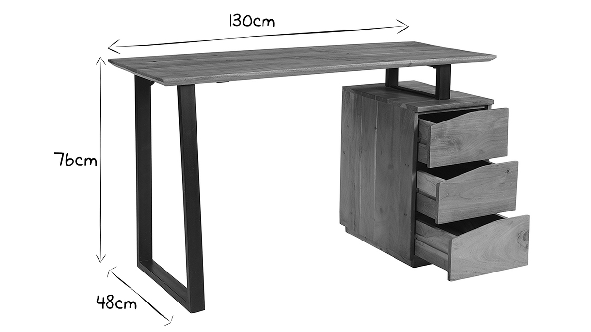 Bureau avec rangements 3 tiroirs industriel bois massif et mtal noir L130 cm HORACE