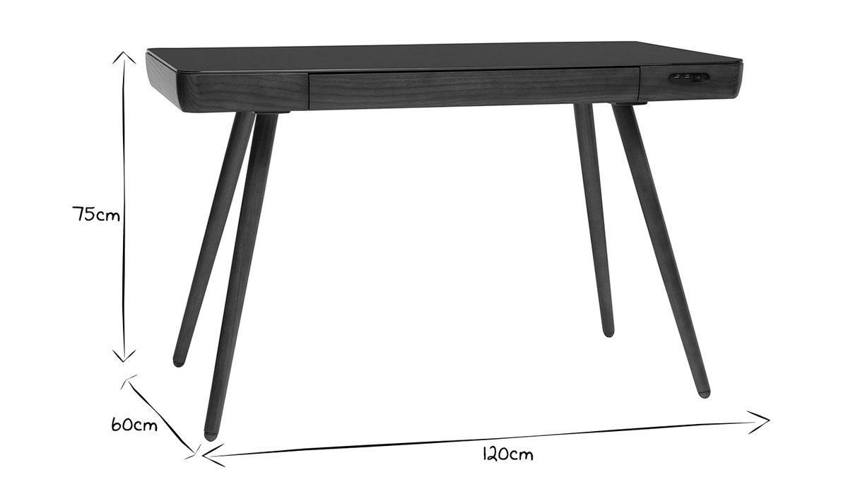 Bureau connect multimdia avec tiroir en verre noir et bois fonc noyer L120 cm CLEVER