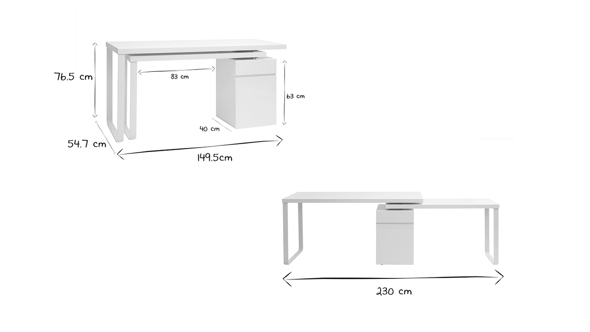 Bureau modulable avec rangements design blanc brillant L150-230 cm VOXY