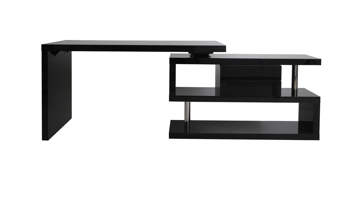 Bureau modulable design avec rangements 2 tiroirs noir laqu L140-218 cm MAX