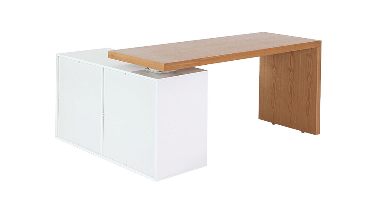Bureau modulable design blanc brillant et bois clair frne L160-235 cm NEW MAX