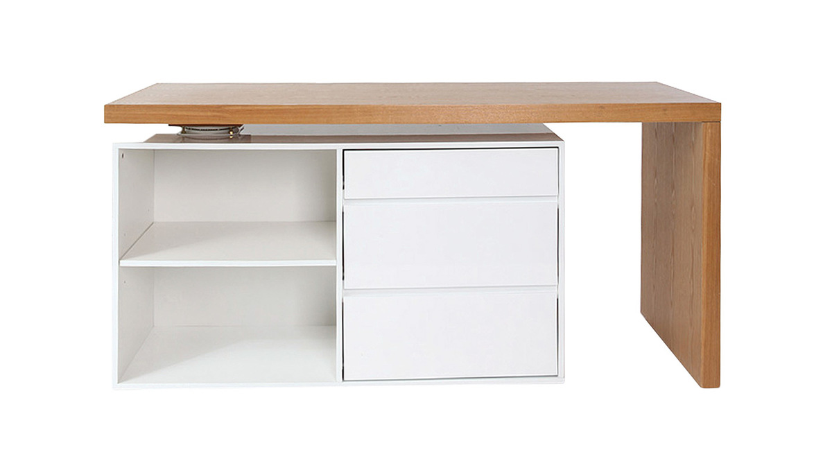 Bureau modulable design blanc brillant et bois clair frne L160-235 cm NEW MAX