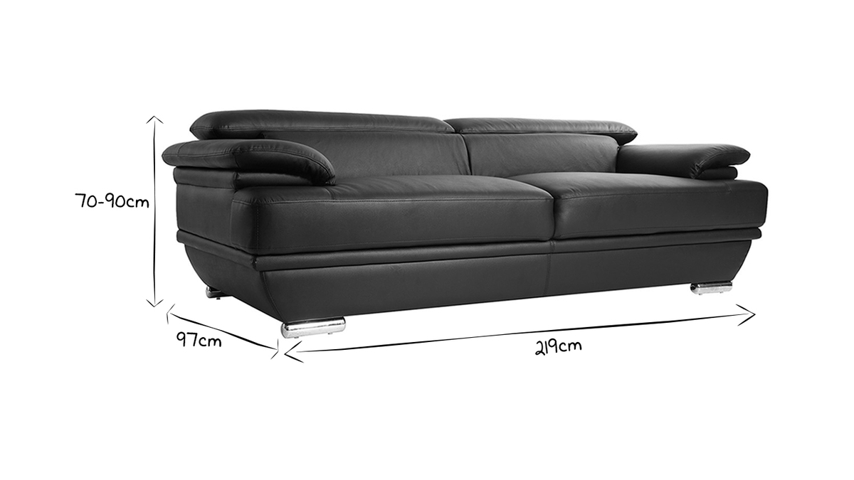 Canapé cuir design 3 places avec têtières ajustables noir EWING - cuir de buffle