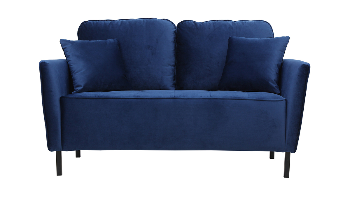 Canapé design 2 places en tissu velours bleu nuit et métal noir BEKA