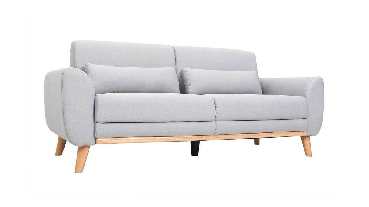 Canapé design 3 places en tissu gris clair et bois clair EKTOR
