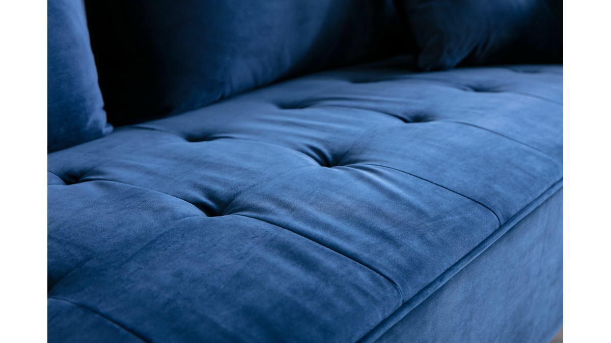 Canap design 3 places en tissu velours bleu fonc et mtal noir BEKA