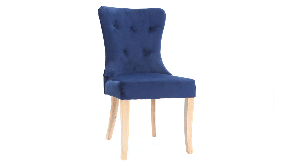 Chaise classique velours bleu fonc pieds bois clair GUSTAVE