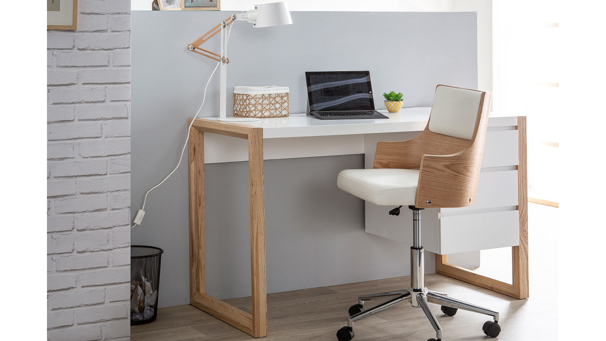 Chaise de bureau à roulettes design blanc, bois clair et acier chromé MAYOL