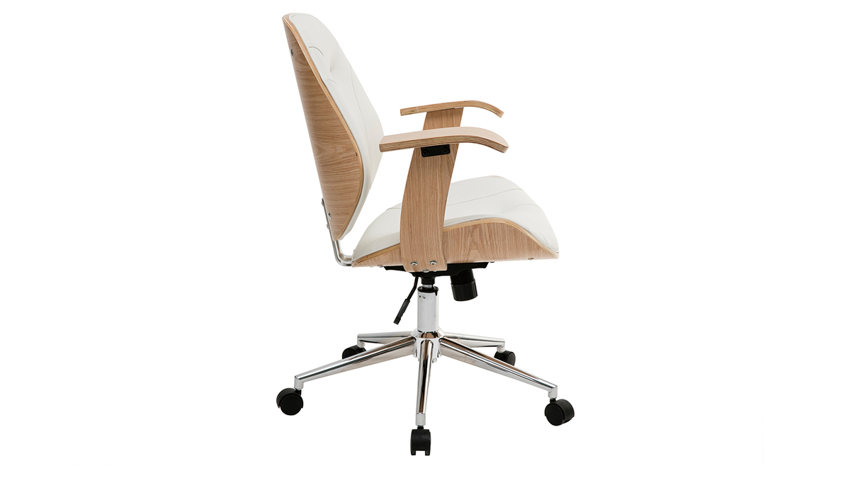 Chaise de bureau  roulettes design blanc, bois clair et acier chrom YORKE