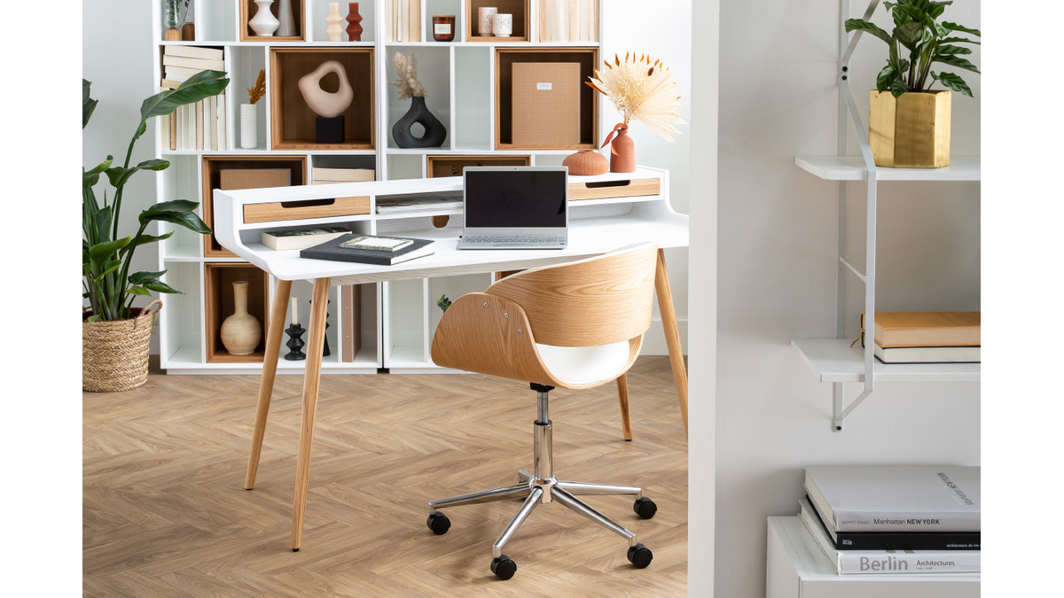 Chaise de bureau à roulettes design blanc, bois foncé noyer et acier chromé BENT