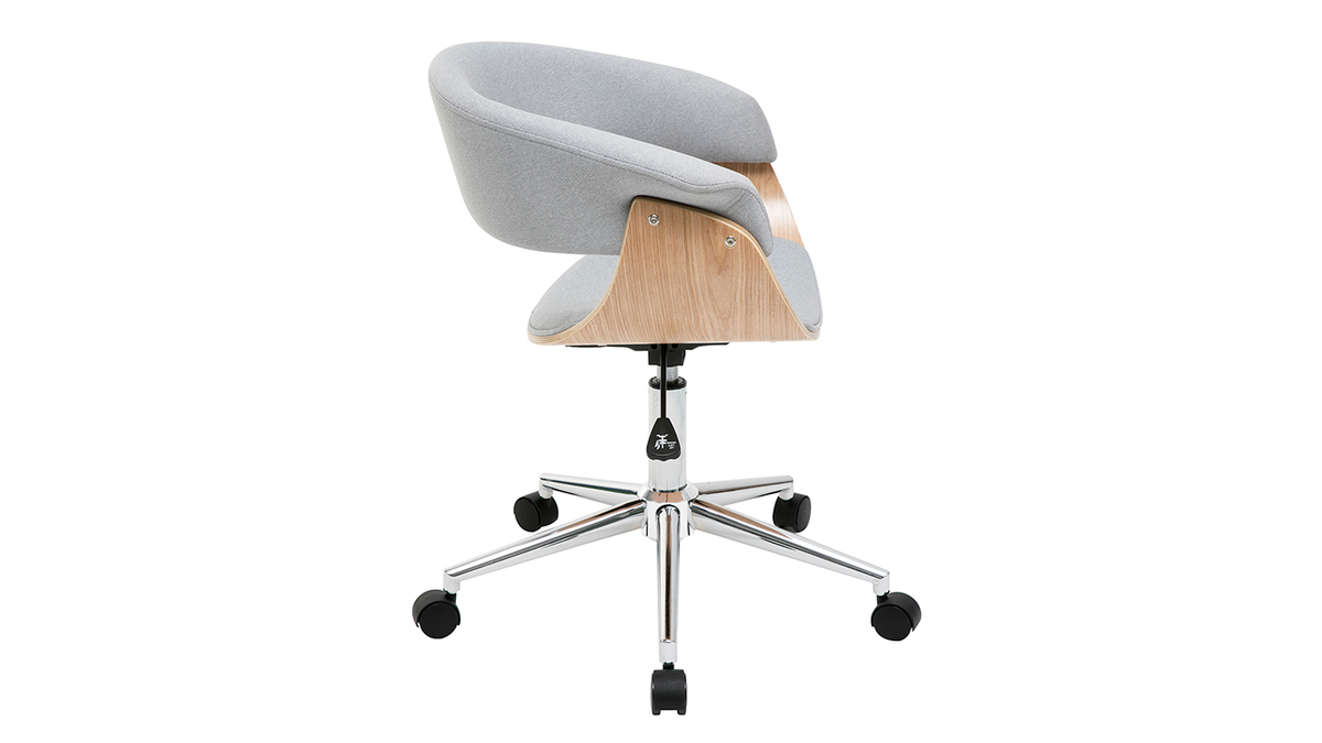 Chaise de bureau à roulettes design en tissu gris clair, bois clair et acier chromé OKTAV