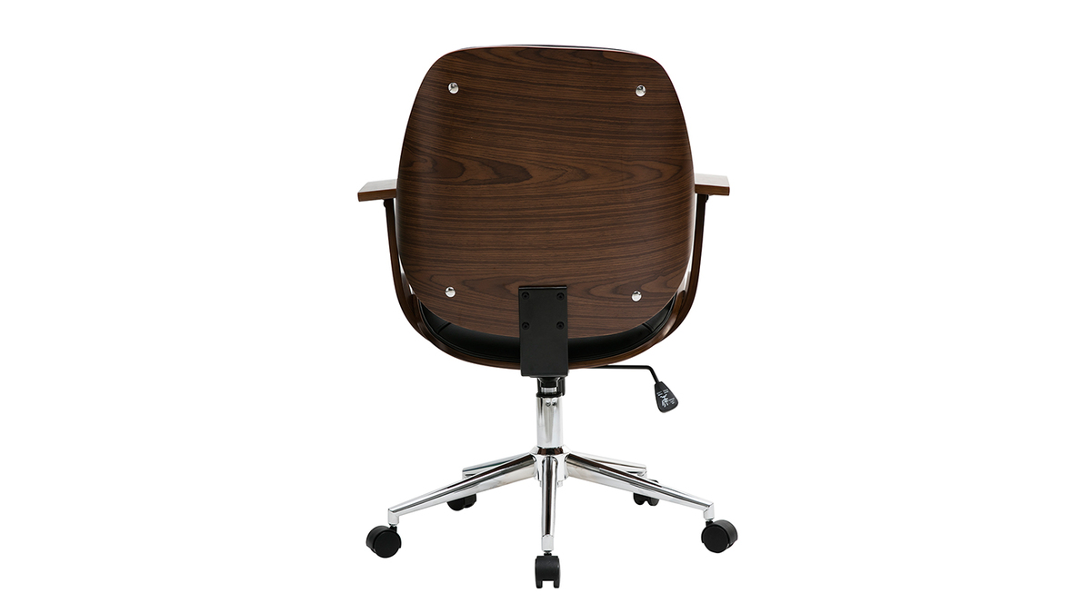 Chaise de bureau  roulettes design noir, bois fonc noyer et acier chrom YORKE