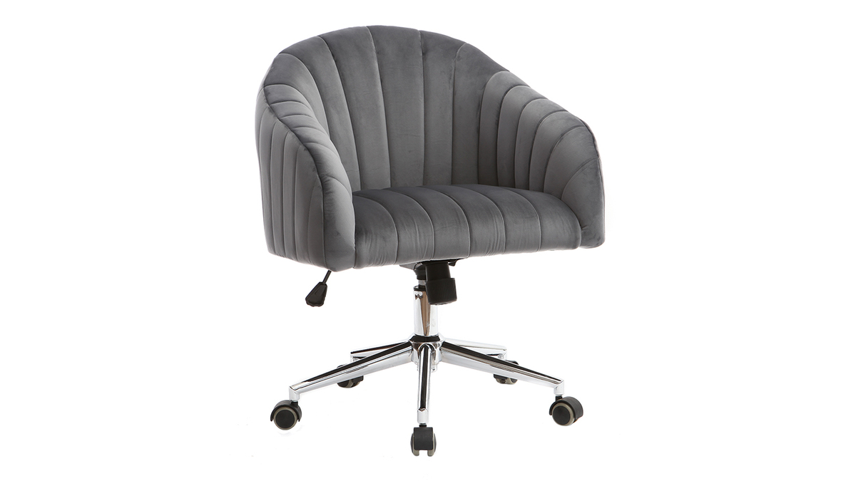 Chaise de bureau  roulettes en tissu velours gris fonc et acier chrom ROMI