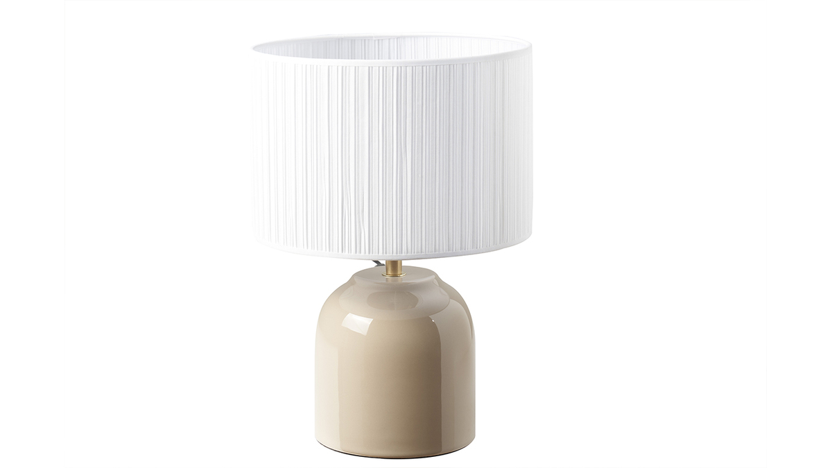 Lampe  poser taupe en cramique brillante et abat-jour en tissu pliss blanc H35 cm PIEGA
