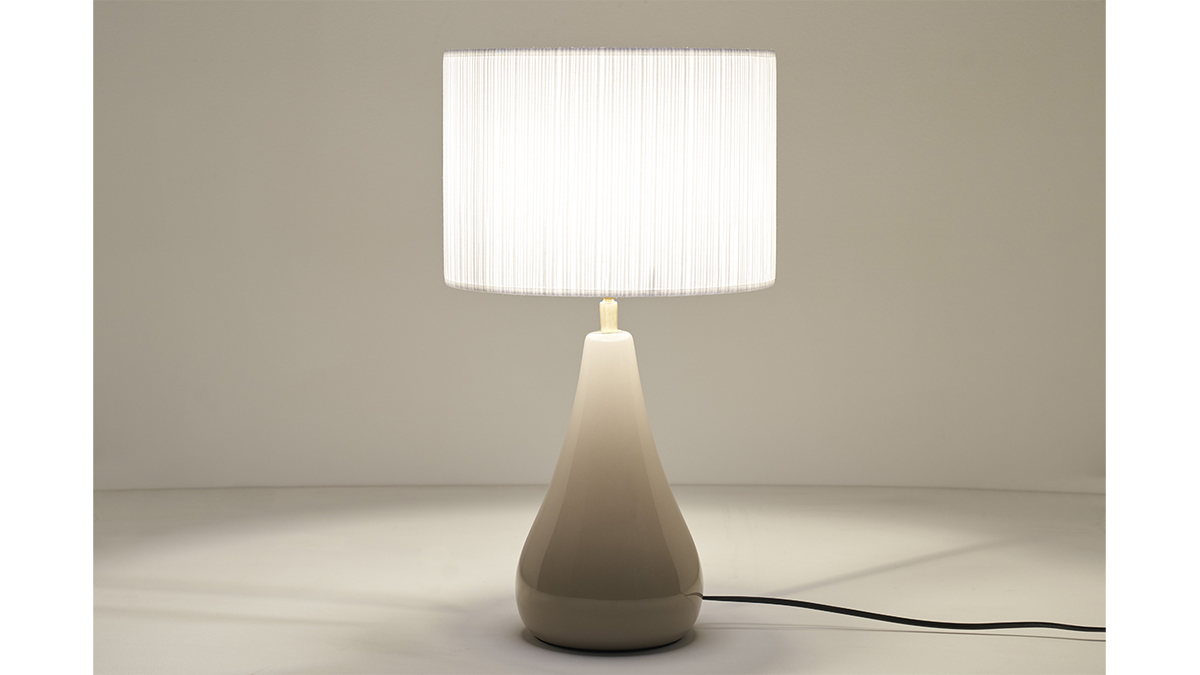 Lampe  poser taupe en cramique brillante et abat-jour en tissu pliss blanc H49 cm TROIA