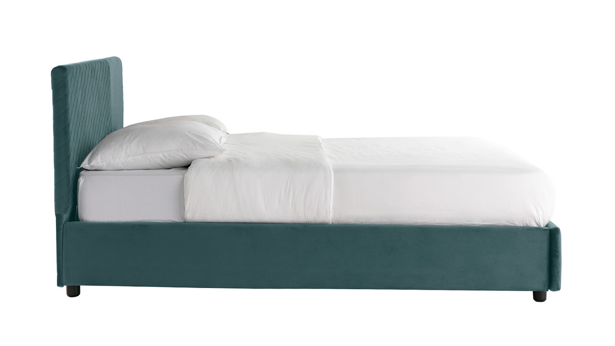 Lit coffre avec sommier et tte de lit  motif en velours bleu paon 160 x 200 cm RIGA