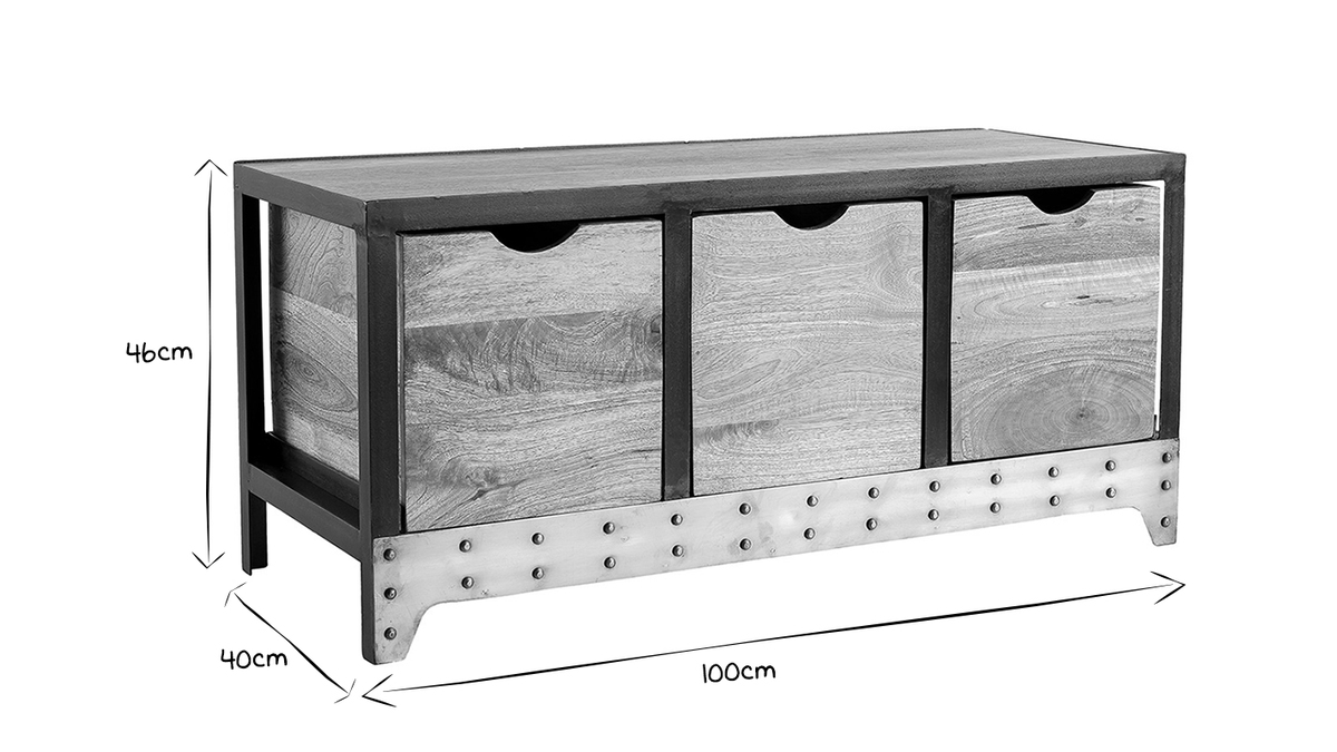 Meuble de rangement industriel en bois manguier massif et mtal noir 3 tiroirs L100 cm ATELIER