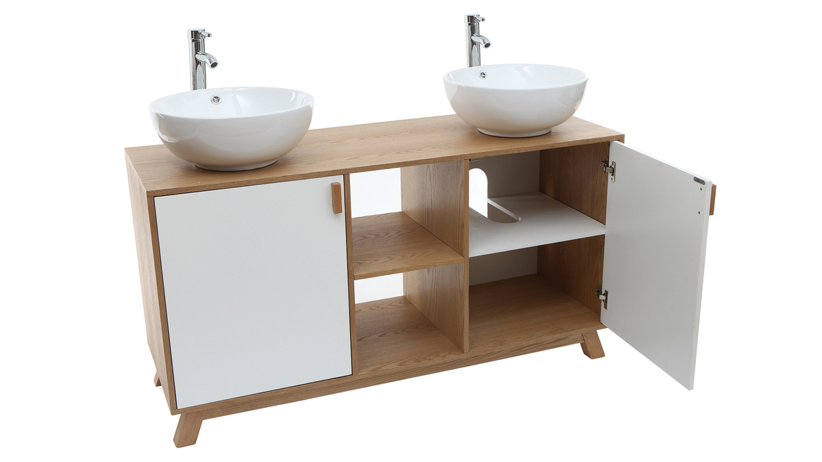 Meuble de salle de bains avec double vasque, rangements et miroir chne et blanc TOTEM
