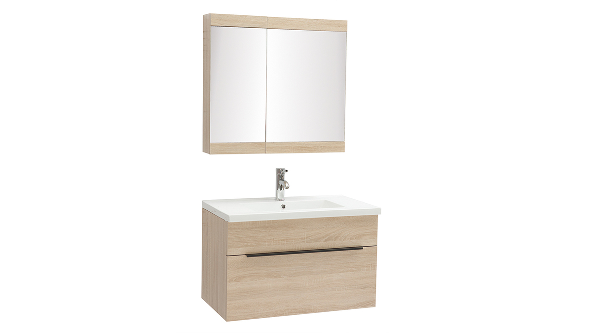 Meuble de salle de bains avec vasque, miroir et rangements bois clair SEASON