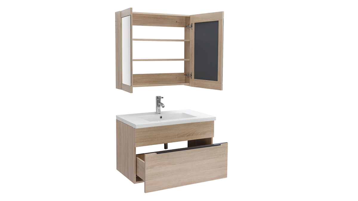 Meuble de salle de bains avec vasque, miroir et rangements bois clair SEASON