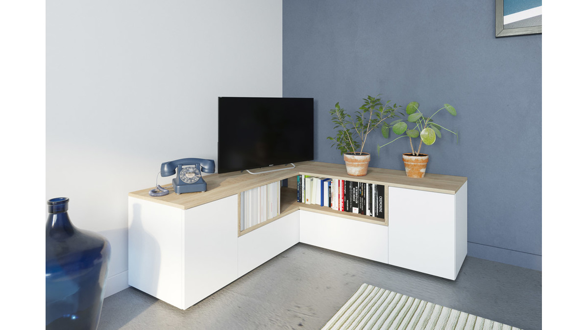 Meuble TV d'angle design bois et blanc QUADRA