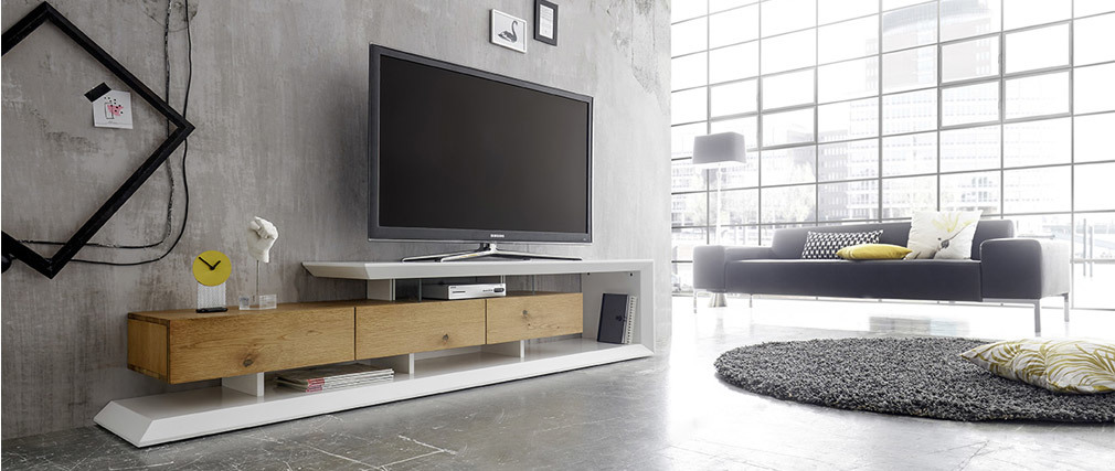 Meuble TV design laqué blanc et bois RITUEL
