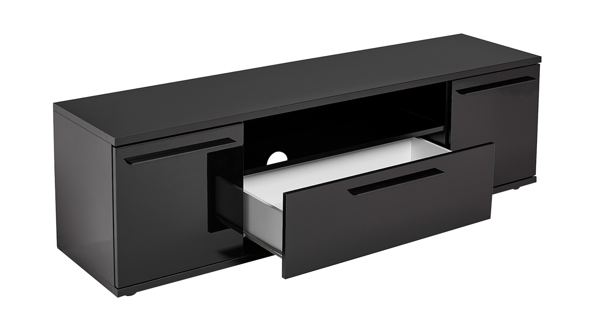 Meuble TV design noir laqu avec rangements L158 cm PACO