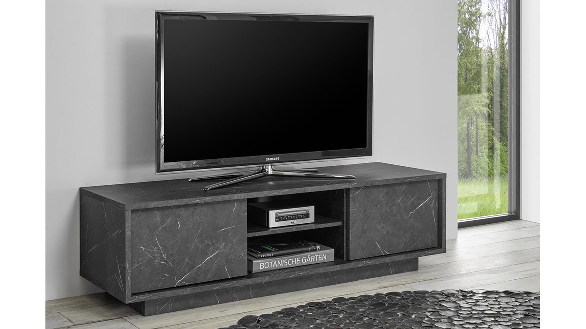 Meuble TV effet marbre noir L138 cm CARRA